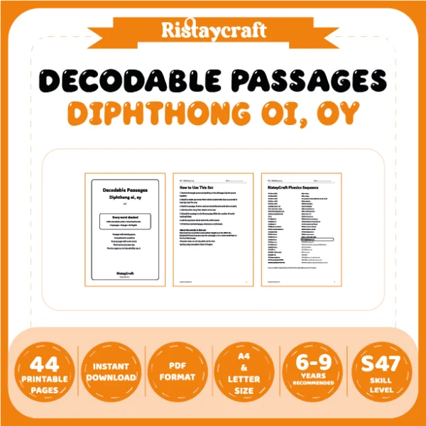 Diphthong oi, oy Decodable Readers | 10 Stories 44 Pages | Phonics Printable PDF | Ages 6-9