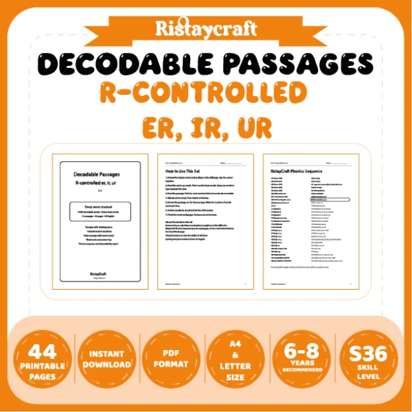 R-controlled er, ir, ur Decodable Readers | 10 Stories 44 Pages | Phonics Printable PDF | Ages 6-8