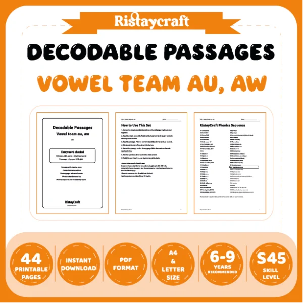 Vowel team au, aw Decodable Readers | 10 Stories 44 Pages | Phonics Printable PDF | Ages 6-9