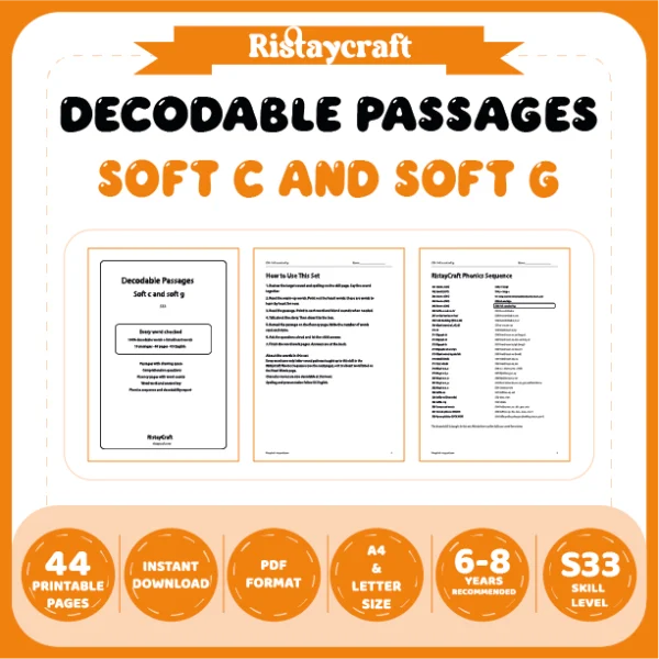 Soft c and soft g Decodable Readers | 10 Stories 44 Pages | Phonics Printable PDF | Ages 6-8