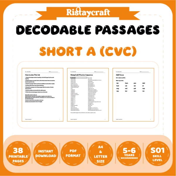 Short a (CVC) Decodable Readers | 8 Stories 38 Pages | Phonics Printable PDF | Ages 5-6