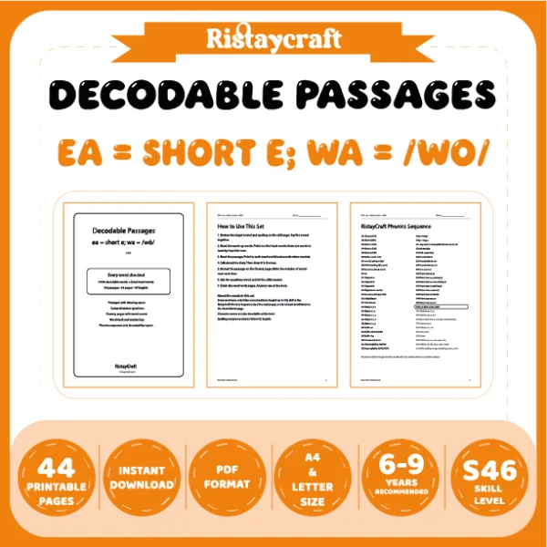 ea = short e; wa = /wŏ/ Decodable Readers | 10 Stories 44 Pages | Phonics Printable PDF | Ages 6-9