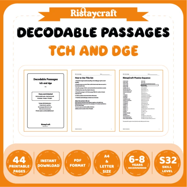 tch and dge Decodable Readers | 10 Stories 44 Pages | Phonics Printable PDF | Ages 6-8