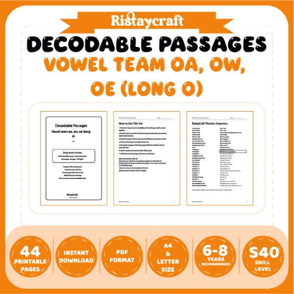 Vowel team oa, ow, oe (long o) Decodable Readers | 10 Stories 44 Pages | Phonics Printable PDF | Ages 6-8