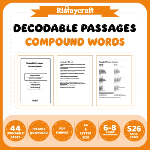 Compound words Decodable Readers | 10 Stories 44 Pages | Phonics Printable PDF | Ages 6-8