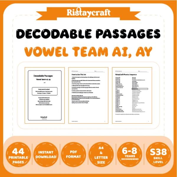 Vowel team ai, ay Decodable Readers | 10 Stories 44 Pages | Phonics Printable PDF | Ages 6-8