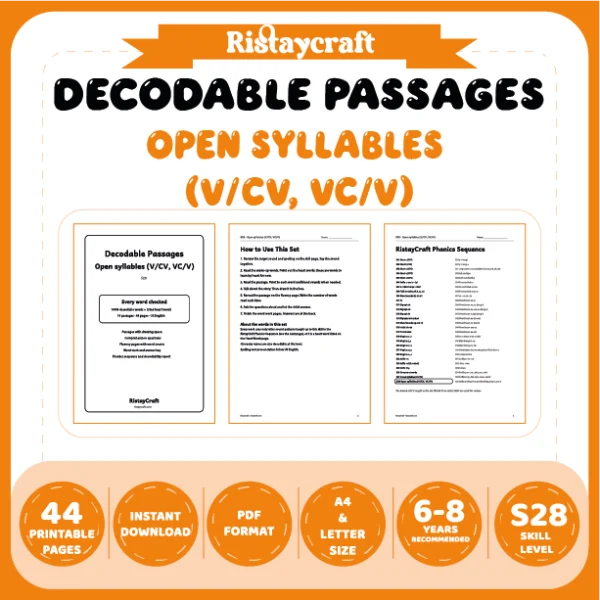 Open syllables (V/CV, VC/V) Decodable Readers | 10 Stories 44 Pages | Phonics Printable PDF | Ages 6-8