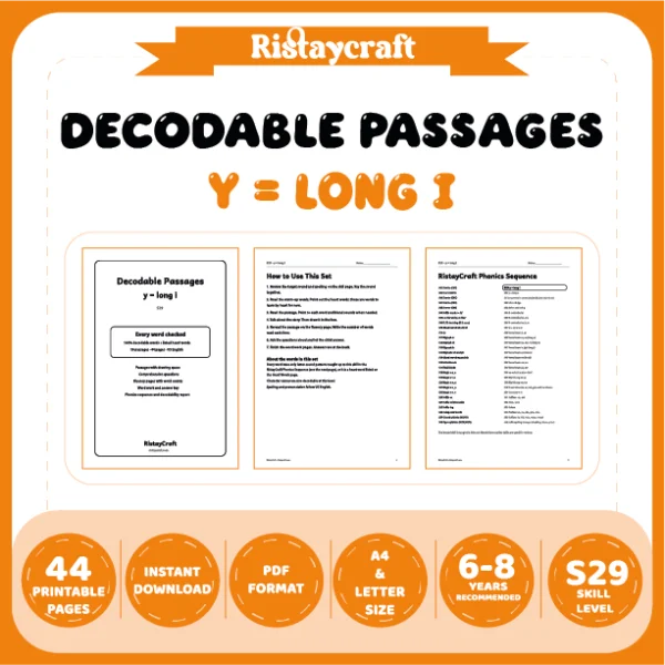 y = long i Decodable Readers | 10 Stories 44 Pages | Phonics Printable PDF | Ages 6-8