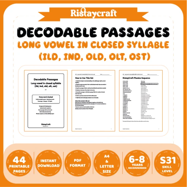 Long vowel in closed syllable (ild, ind, old, olt, ost) Decodable Readers | 10 Stories 44 Pages | Phonics Printable PDF | Ages 6-8