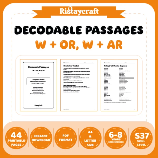 w + or, w + ar Decodable Readers | 10 Stories 44 Pages | Phonics Printable PDF | Ages 6-8