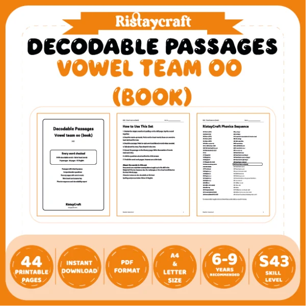 Vowel team oo (book) Decodable Readers | 10 Stories 44 Pages | Phonics Printable PDF | Ages 6-9