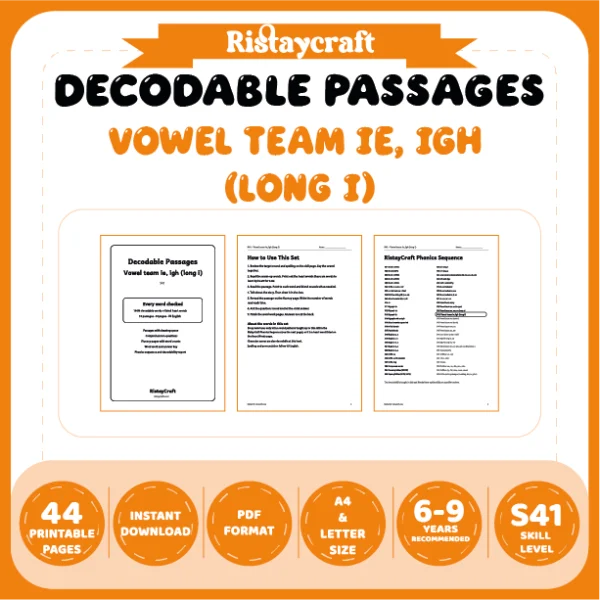 Vowel team ie, igh (long i) Decodable Readers | 10 Stories 44 Pages | Phonics Printable PDF | Ages 6-9