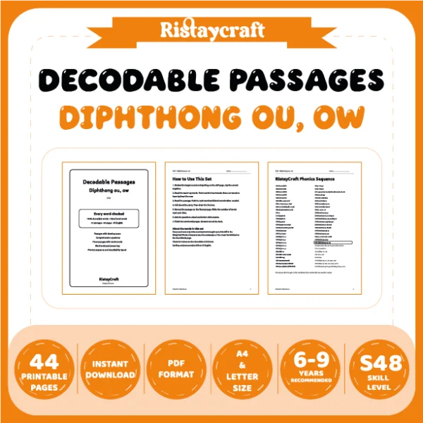 Diphthong ou, ow Decodable Readers | 10 Stories 44 Pages | Phonics Printable PDF | Ages 6-9
