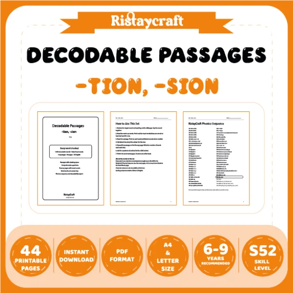 -tion, -sion Decodable Readers | 10 Stories 44 Pages | Phonics Printable PDF | Ages 6-9