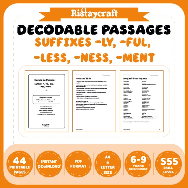 Suffixes -ly, -ful, -less, -ness, -ment Decodable Readers | 10 Stories 44 Pages | Phonics Printable PDF | Ages 6-9