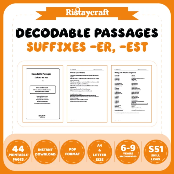Suffixes -er, -est Decodable Readers | 10 Stories 44 Pages | Phonics Printable PDF | Ages 6-9