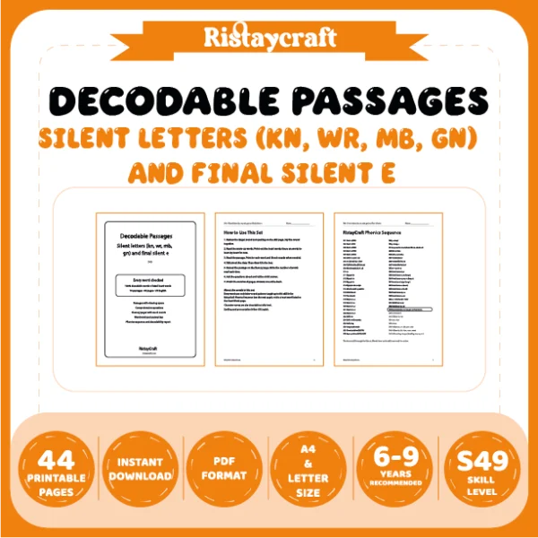 Silent letters (kn, wr, mb, gn) and final silent e Decodable Readers | 10 Stories 44 Pages | Phonics Printable PDF | Ages 6-9