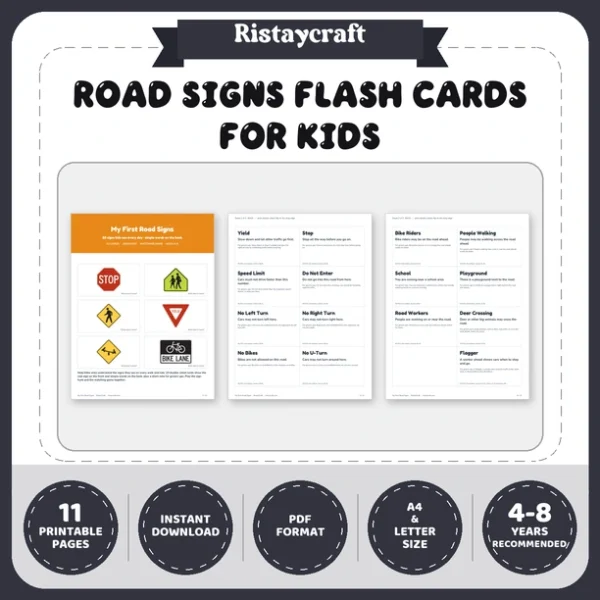 Road Signs Flash Cards for Kids | 23 Traffic Signs with Simple Meanings | Preschool Kindergarten Safety Activity | Printable PDF
