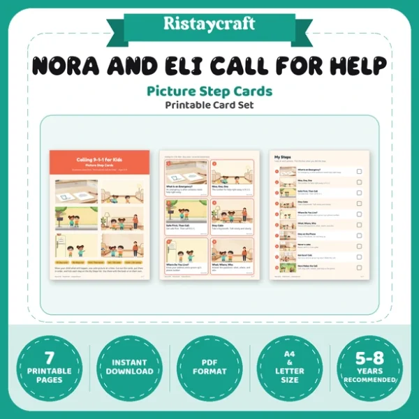 Calling 9-1-1 for Kids Picture Step Cards | Printable Visual Sequence Cards for Kids Ages 5–8 | Safety Rules Companion